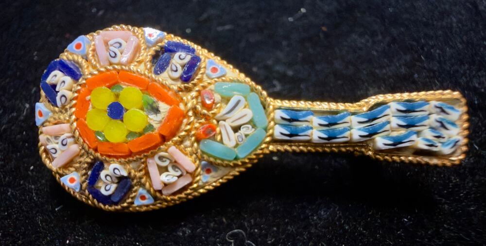 VTG Italian Micro Mosaic Mandolin Brooch Italy Gold Tone Musical Instrument Pin